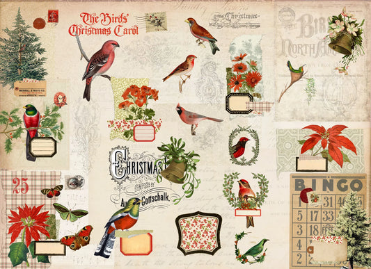 Vintage-style Christmas-themed collage with birds, flowers, and holiday elements on a textured background.