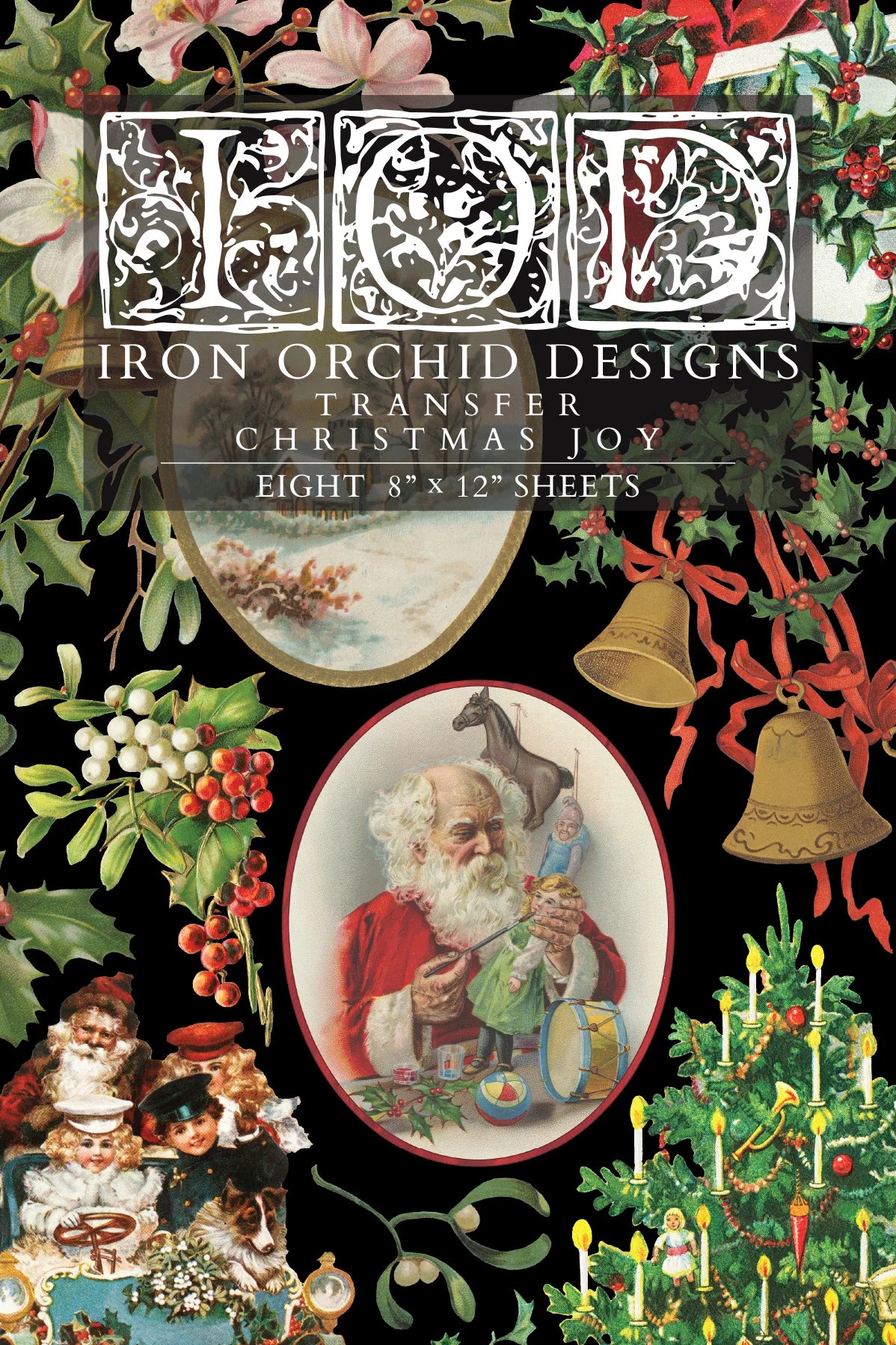 Iron Orchid Designs "Christmas Joy" transfer paper packaging with festive illustrations and text.