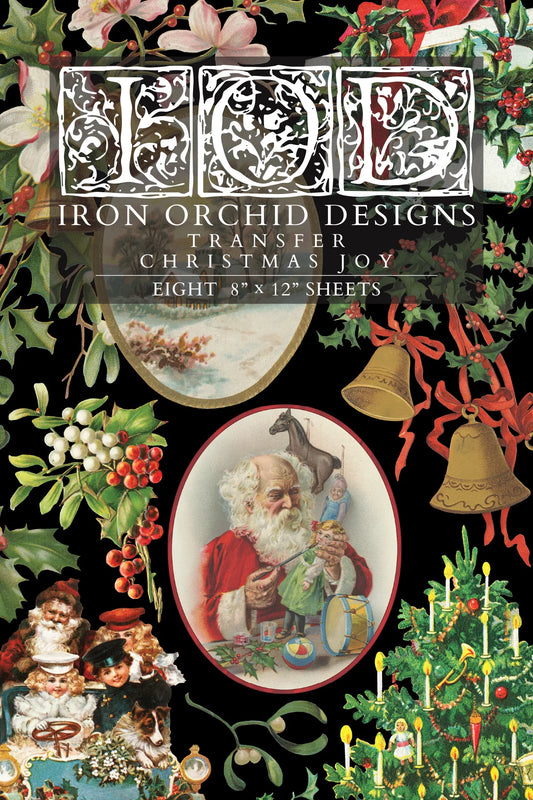 Iron Orchid Designs "Christmas Joy" transfer paper packaging with festive illustrations and text.