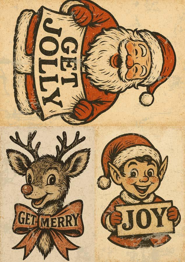 Vintage-style illustration of Santa, reindeer, and elf with holiday-themed text on a textured background.