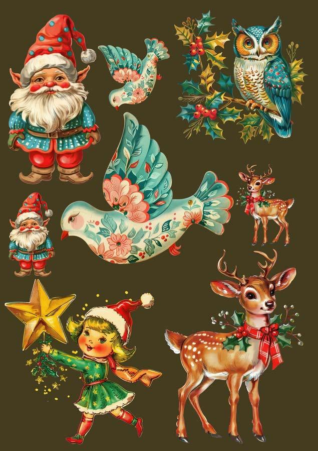 Vintage-style Christmas illustrations including Santa Claus, an owl, a deer, and other festive elements on a dark background.
