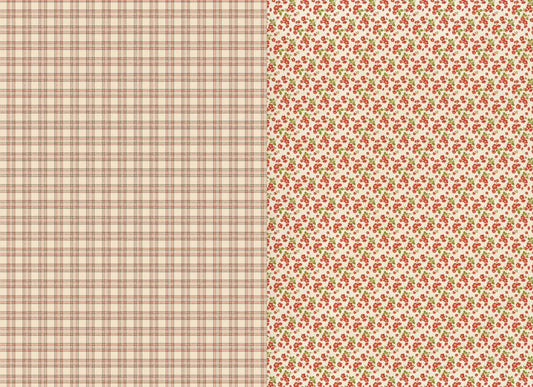 Two fabric patterns: a beige checkered pattern on the left and a floral pattern on the right.