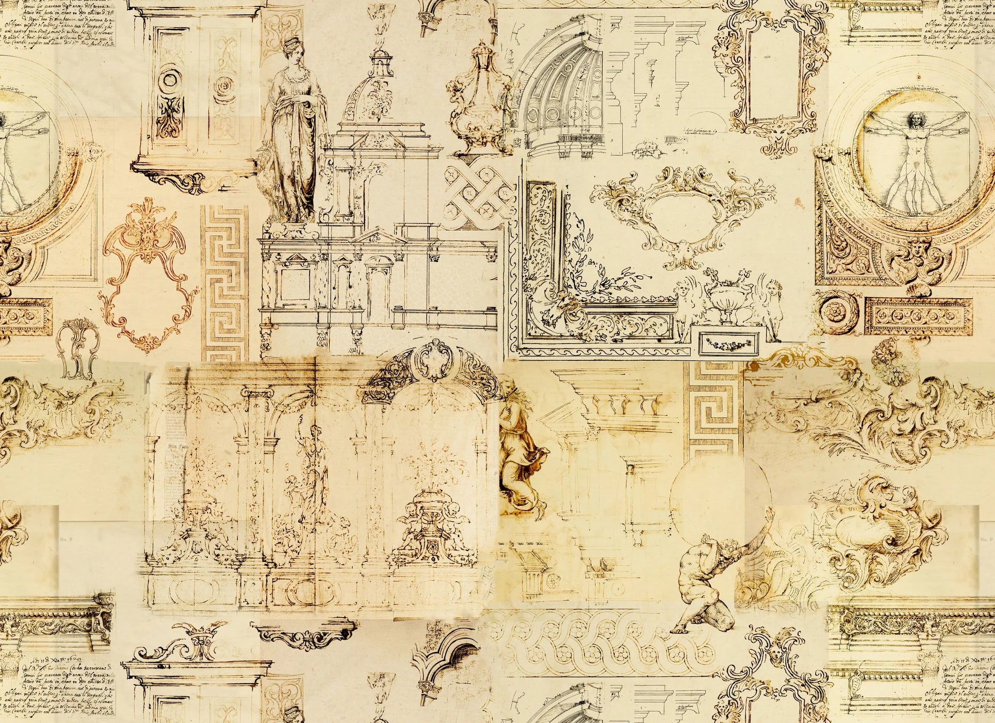Collection of architectural and decorative drawings on a beige background