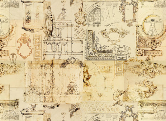 Collection of architectural and decorative drawings on a beige background