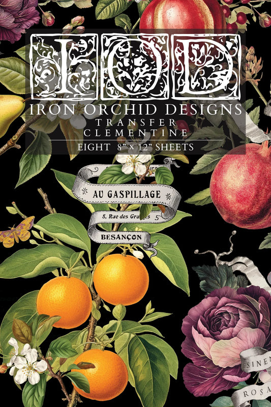 Front cover or an Iron Orchid Designs transfer with floral and fruit design on a black background, titled "Clementine"