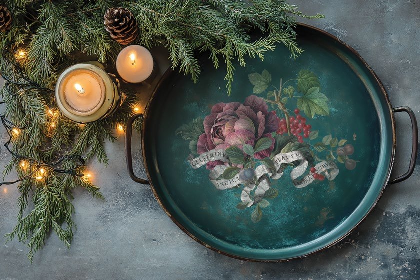 Decorative tray with floral design, candles, and greenery on a textured surface