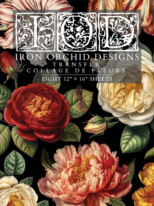 A collection of floral transfer sheets titled "Collage de Fleurs" designed by Iron Orchid Designs for crafting and decorating.