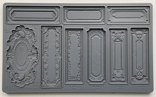 A gray-colored Decor Mould called 'Conservatory Labels" with various label designs for crafting.