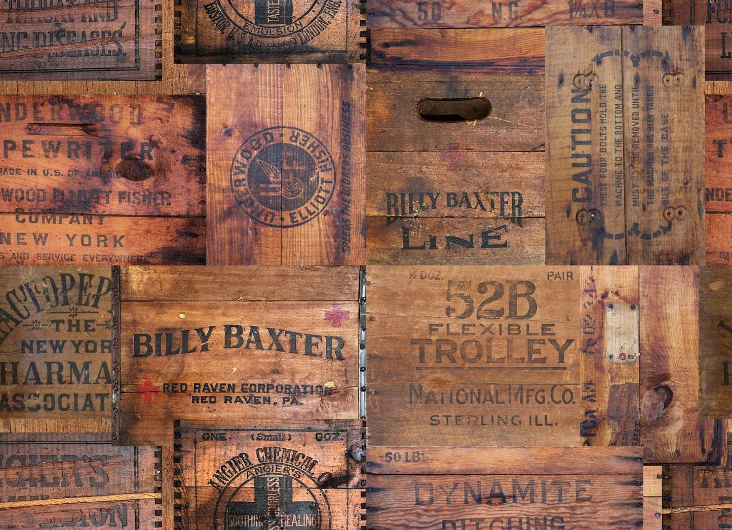 A roycycled decoupage paper with a collage of stamped wooded crates.