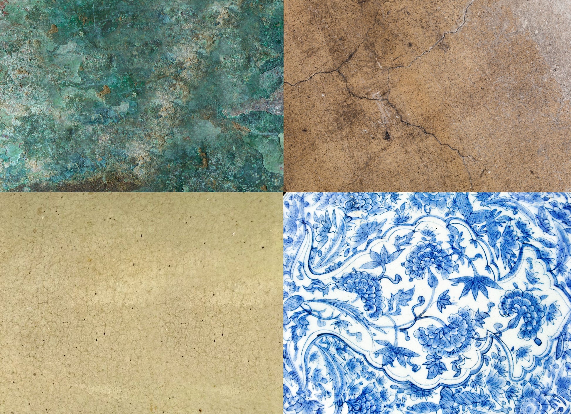 A sheet of decoupage paper with 4 samples showing various textures, including a green mottled pattern, a brown cracked pattern, a blue and white floral pattern, and a beige solid color.