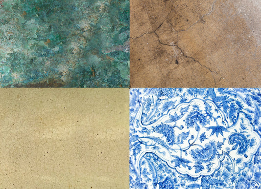 A sheet of decoupage paper with 4 samples showing various textures, including a green mottled pattern, a brown cracked pattern, a blue and white floral pattern, and a beige solid color.