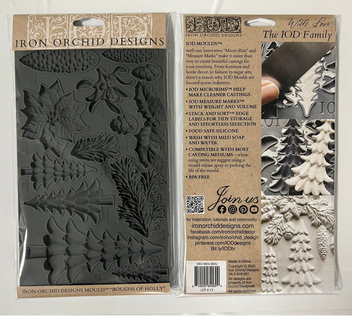 Two packaged IOD Molded designs from Iron Orchid Designs, showing the gray silicone mold side on the left and the instructional back cover on the right.