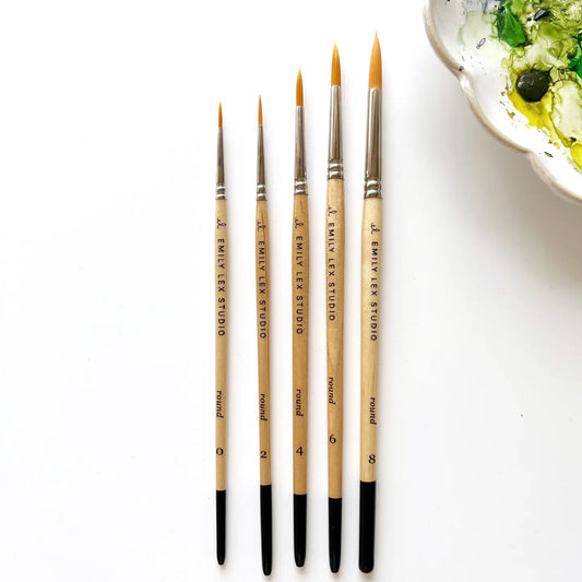 Five watercolor brushes from "Emily Lex Studio" lying on a table.