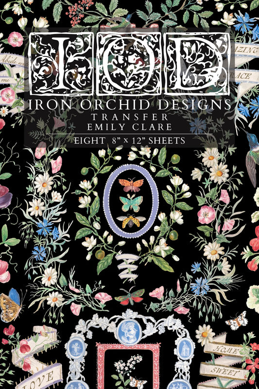 Iron Orchid Designs “Emily Clare” transfer paper with floral and decorative designs on a black background.