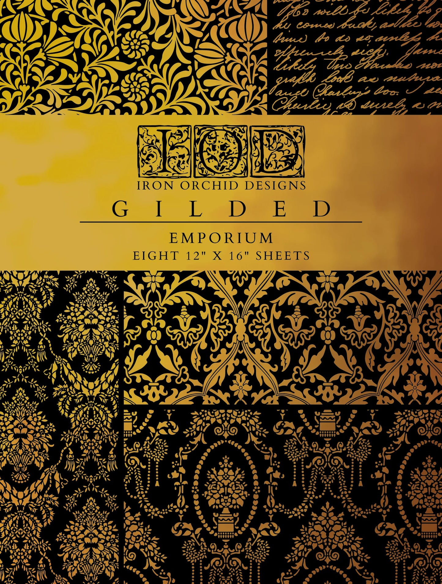 Front cover of a collection of gilded, decorative transfer sheets called "Emporium" from IOD, with various historical and vintage patterns.