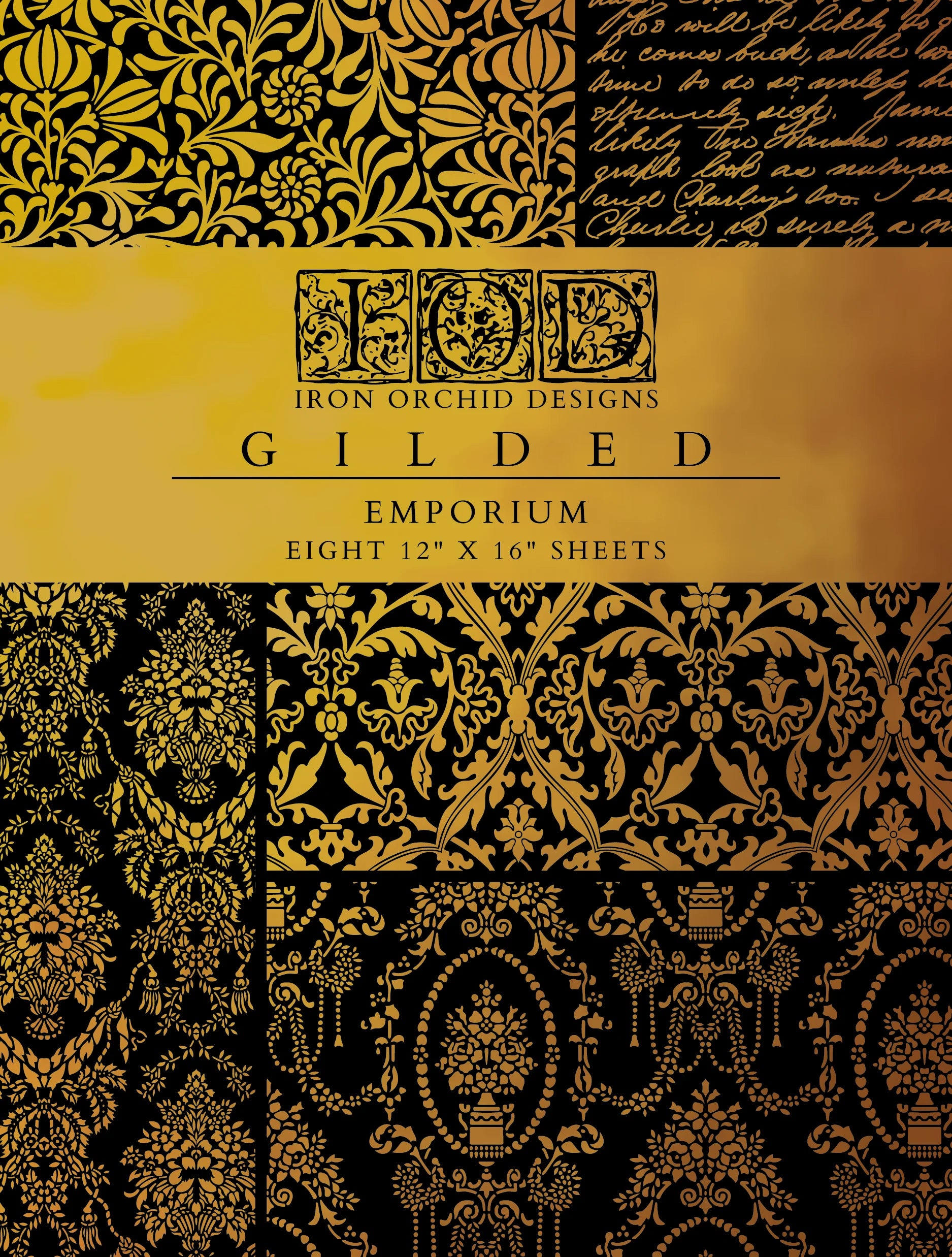 Front cover of a collection of gilded, decorative transfer sheets called "Emporium" from IOD, with various historical and vintage patterns.