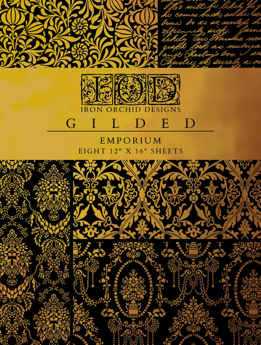 Front cover of a collection of gilded, decorative transfer sheets called "Emporium" from IOD, with various historical and vintage patterns.