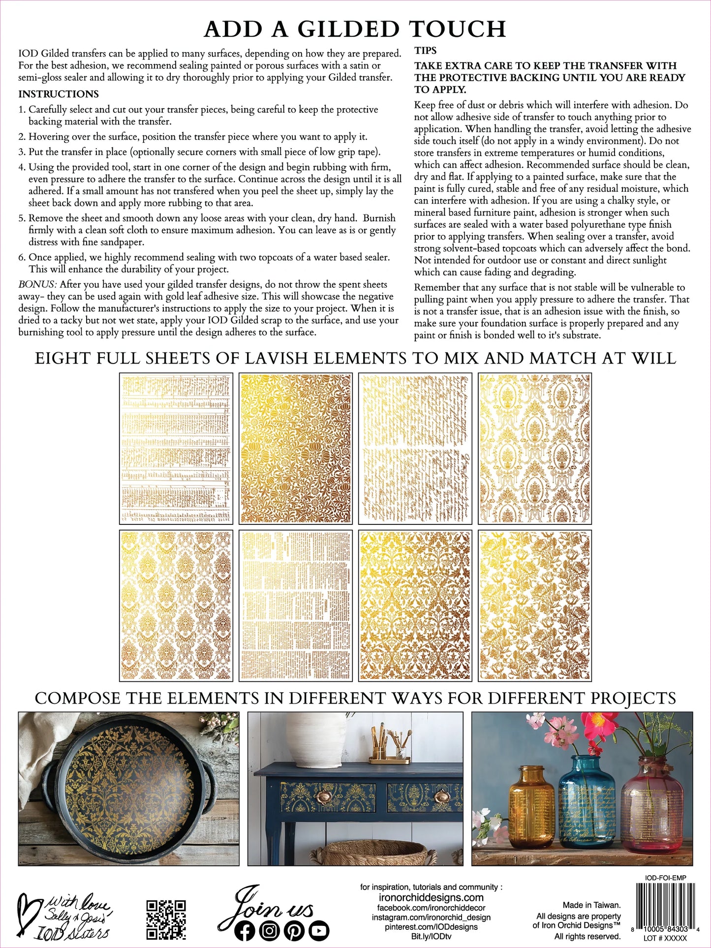 Back cover of decorative transfer sheets called "Emporium" from IOD, with previews of sheets and instructions typed out.