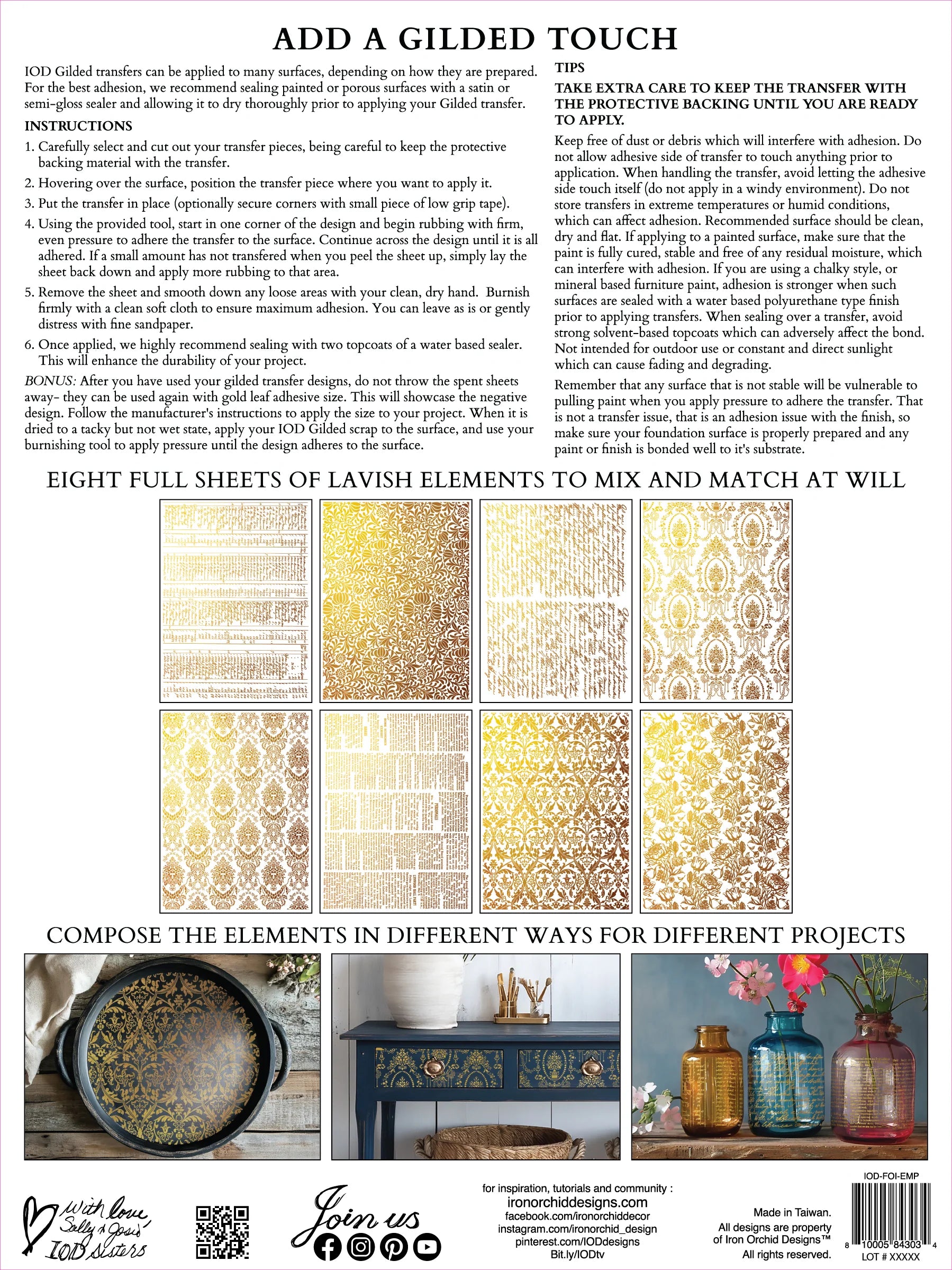 Back cover of decorative transfer sheets called "Emporium" from IOD, with previews of sheets and instructions typed out.