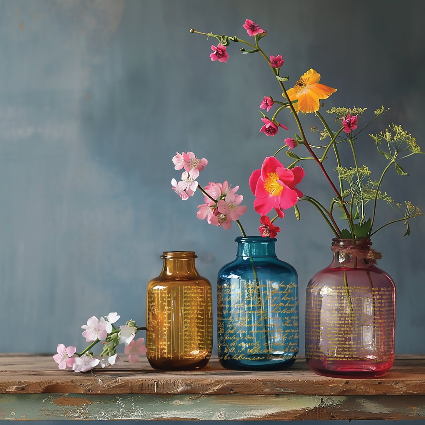 Three colorful glass bottles with flowers on a wooden surface against a blue background, embellished with gold foil script from the "Emporium" transfer.