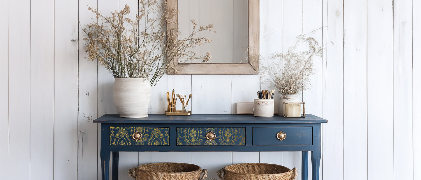 Blue console table embellished with gold foil from "Emporium"