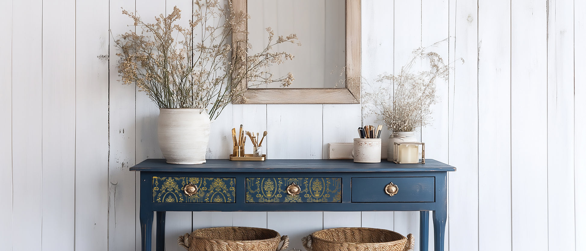 Blue console table embellished with gold foil from "Emporium"