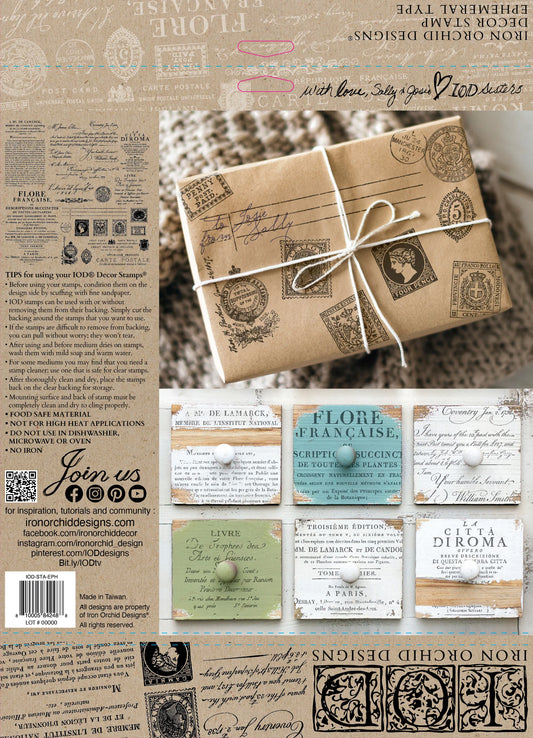 Back packaging of the Ephemeral Type Stamp from IOD featuring example projects and stamping instructions.