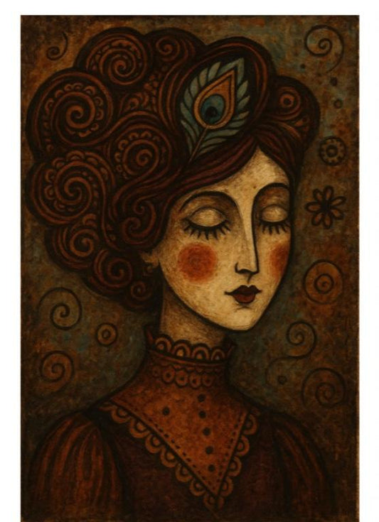 Artistic depiction of a woman with intricate hair design and decorative elements on a brown background
