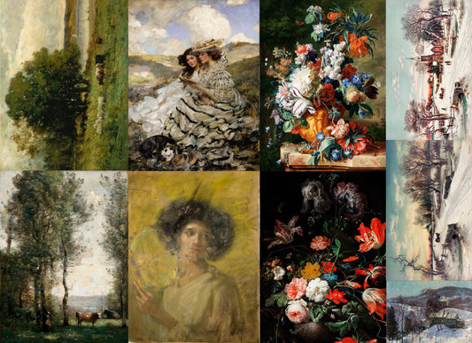 A sheet of Roycycled decoupage paper featuring floral patterns, landscapes, and vintage-style fine art paintings