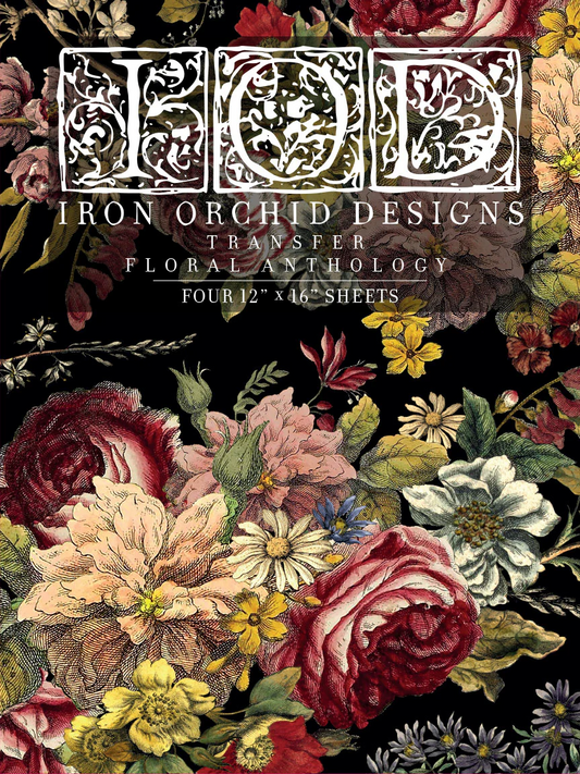 Four sheets of 'Floral Anthology' transfer by Iron Orchid Designs featuring floral patterns.