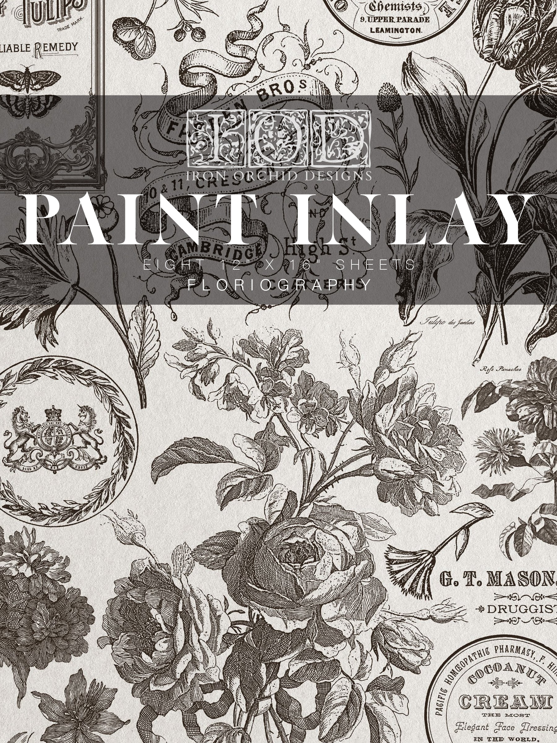 Iron Orchid Designs Paint Inlay "Floriography" with vintage floral motifs and script for DIY furniture and crafts.