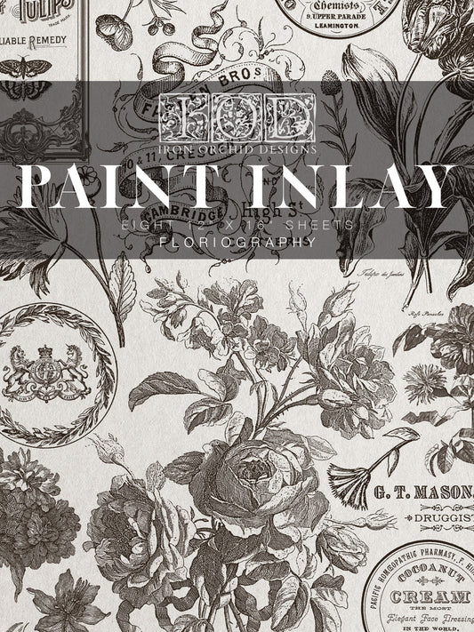 Iron Orchid Designs Paint Inlay "Floriography" with vintage floral motifs and script for DIY furniture and crafts.