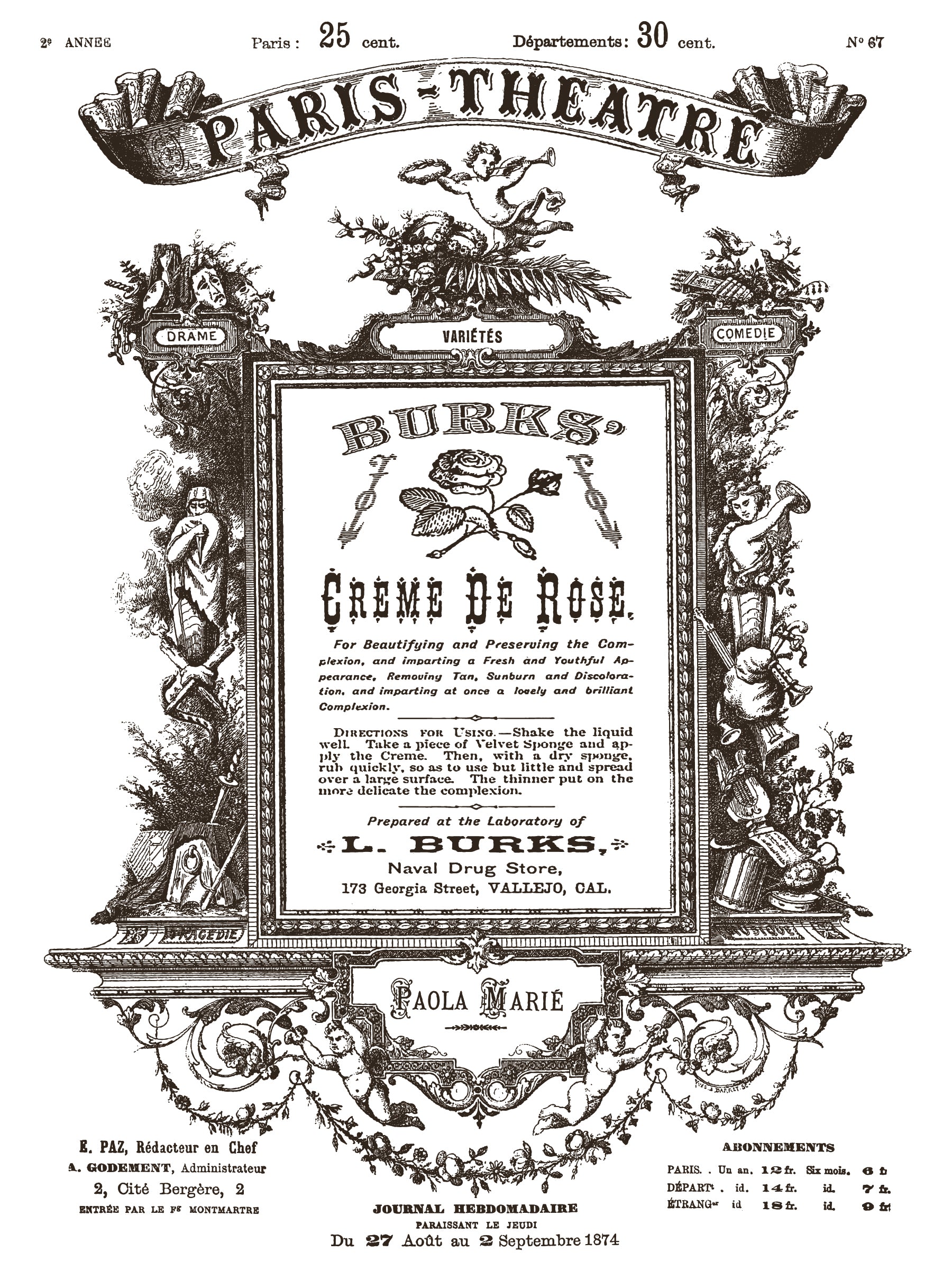 Vintage advertisement for Burk's Crème de Rose with decorative elements on a white background