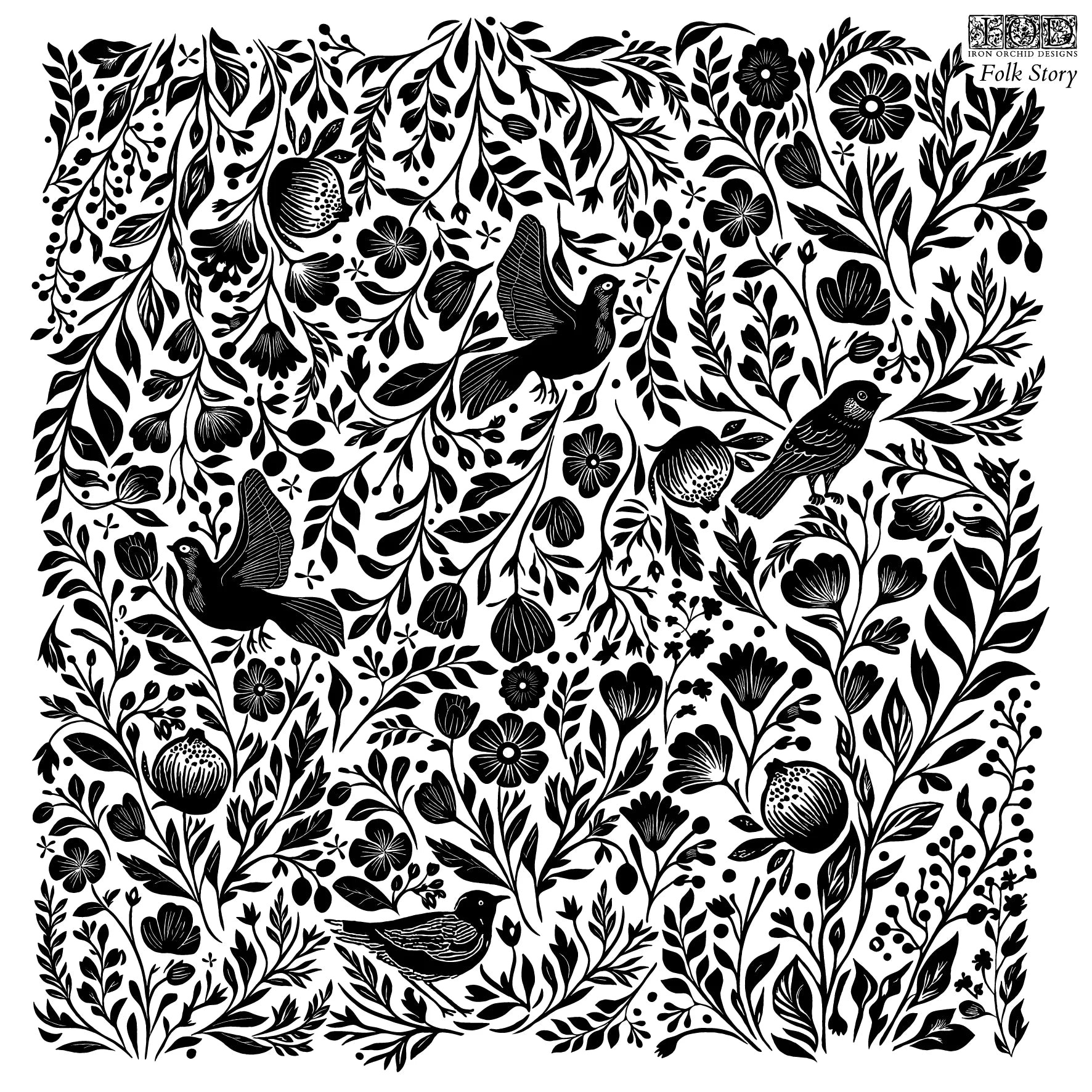 A black and white stamp called "Folk Story" featuring a decorative floral and bird pattern, likely a design for a craft or wall art.