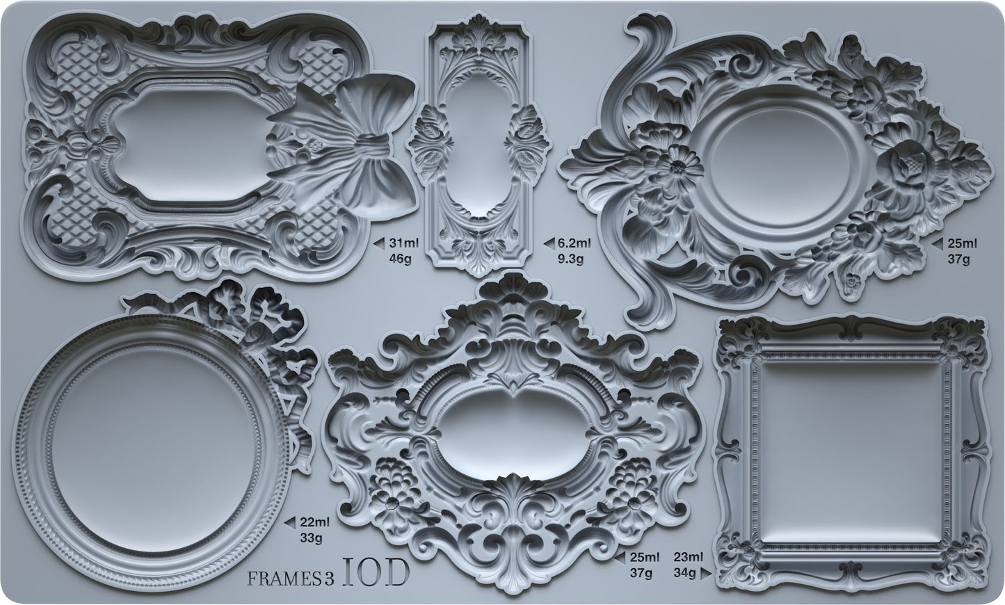 6” x 10” silicone mould with six different frame shapes