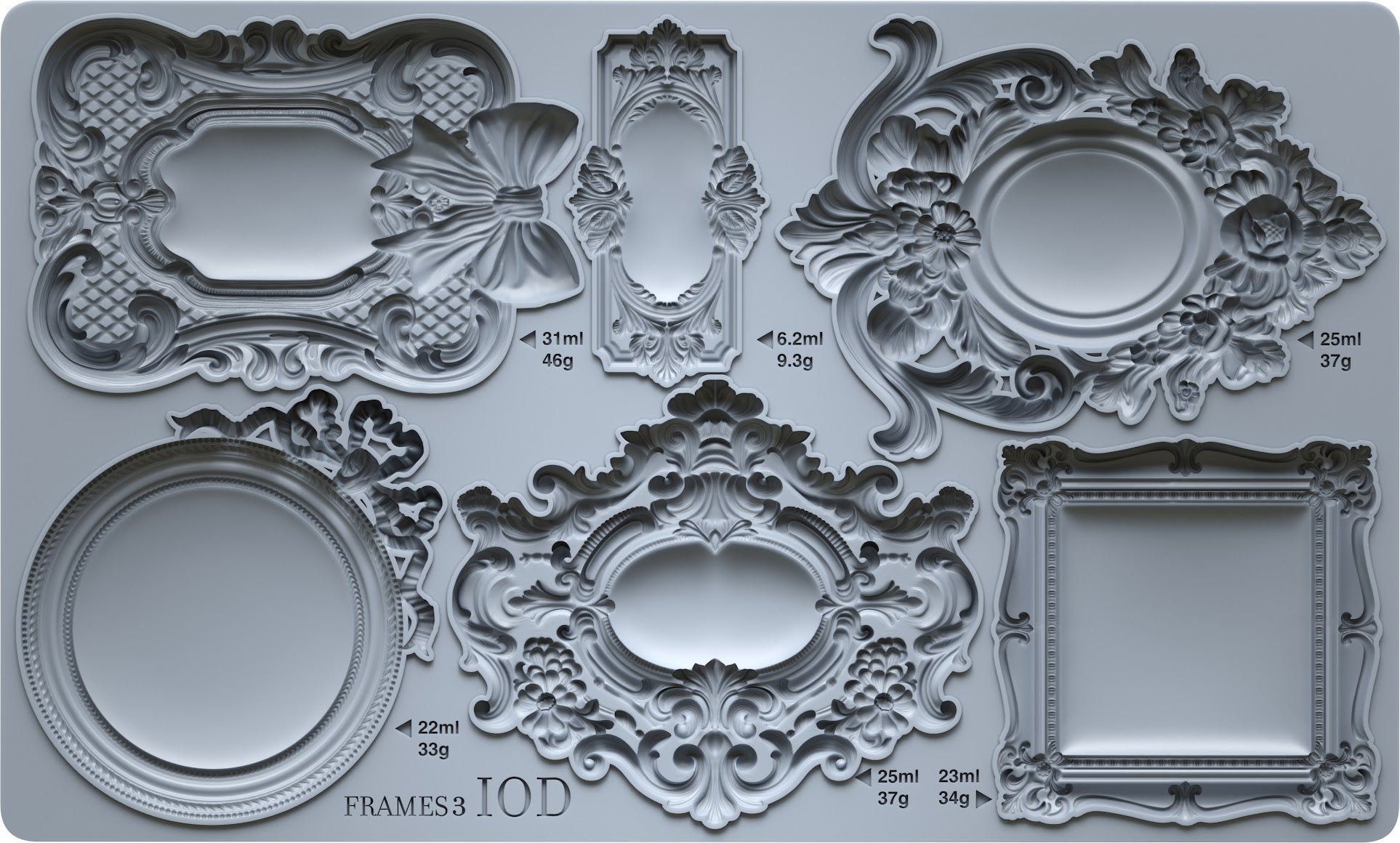 6” x 10” silicone mould with six different frame shapes