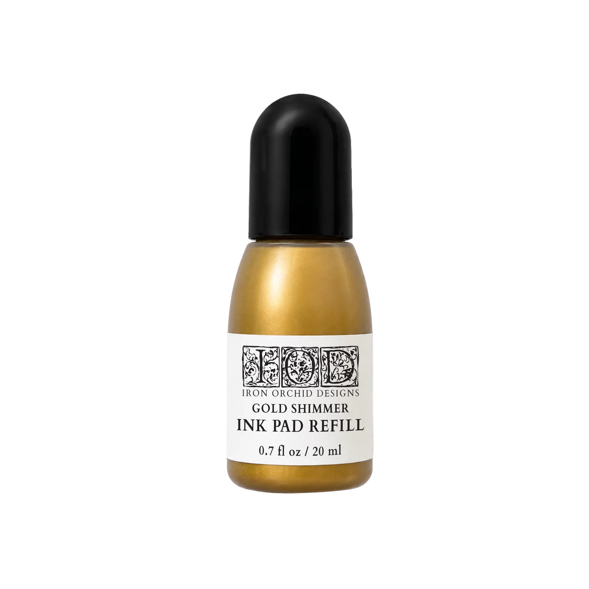 Iron Orchid Designs Gold Shimmer Ink Pad Refill in a 20 ml bottle with a metallic gold body, white label, and black cap, shown on a plain white background.