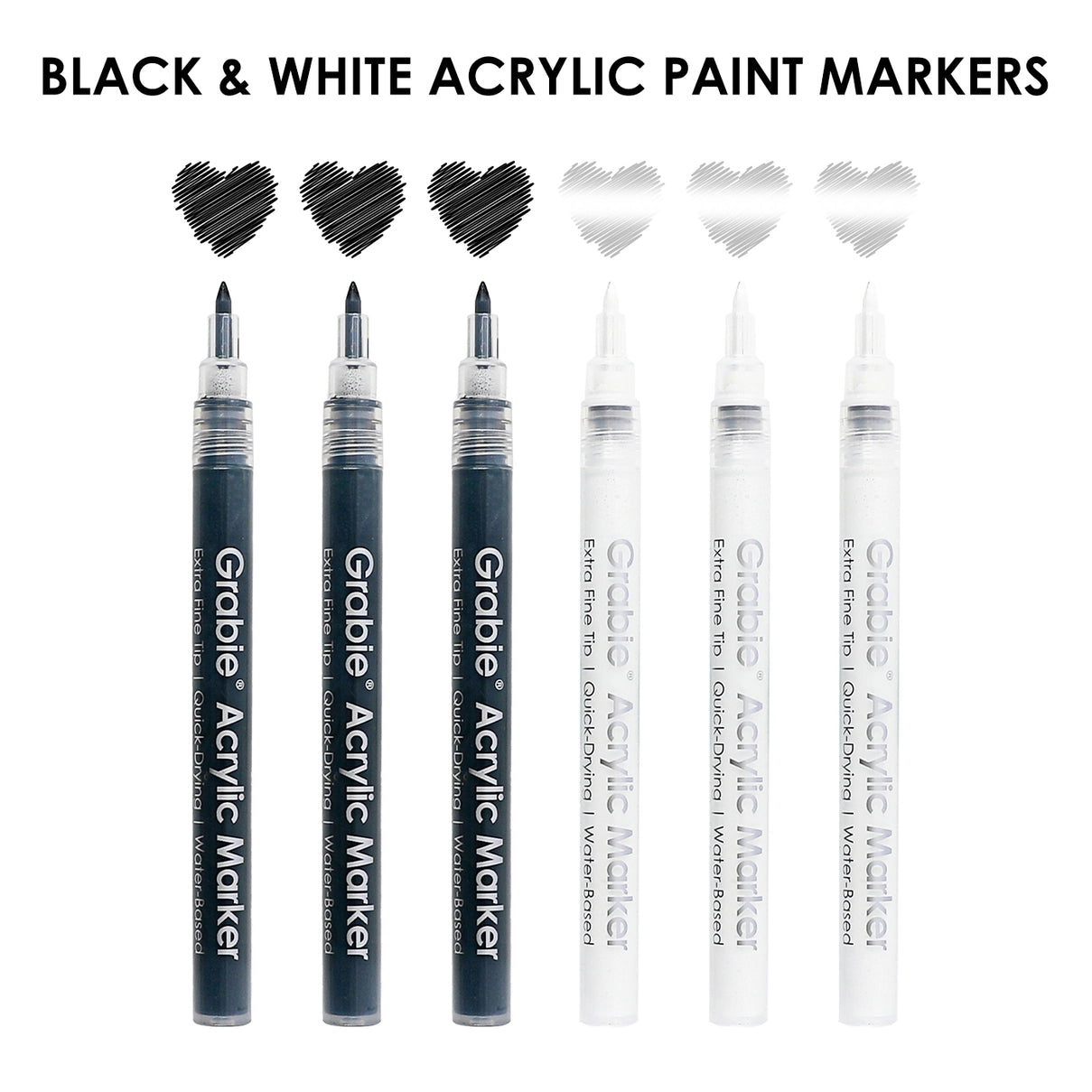 Set of black and white acrylic paint markers with sample strokes on a white background.