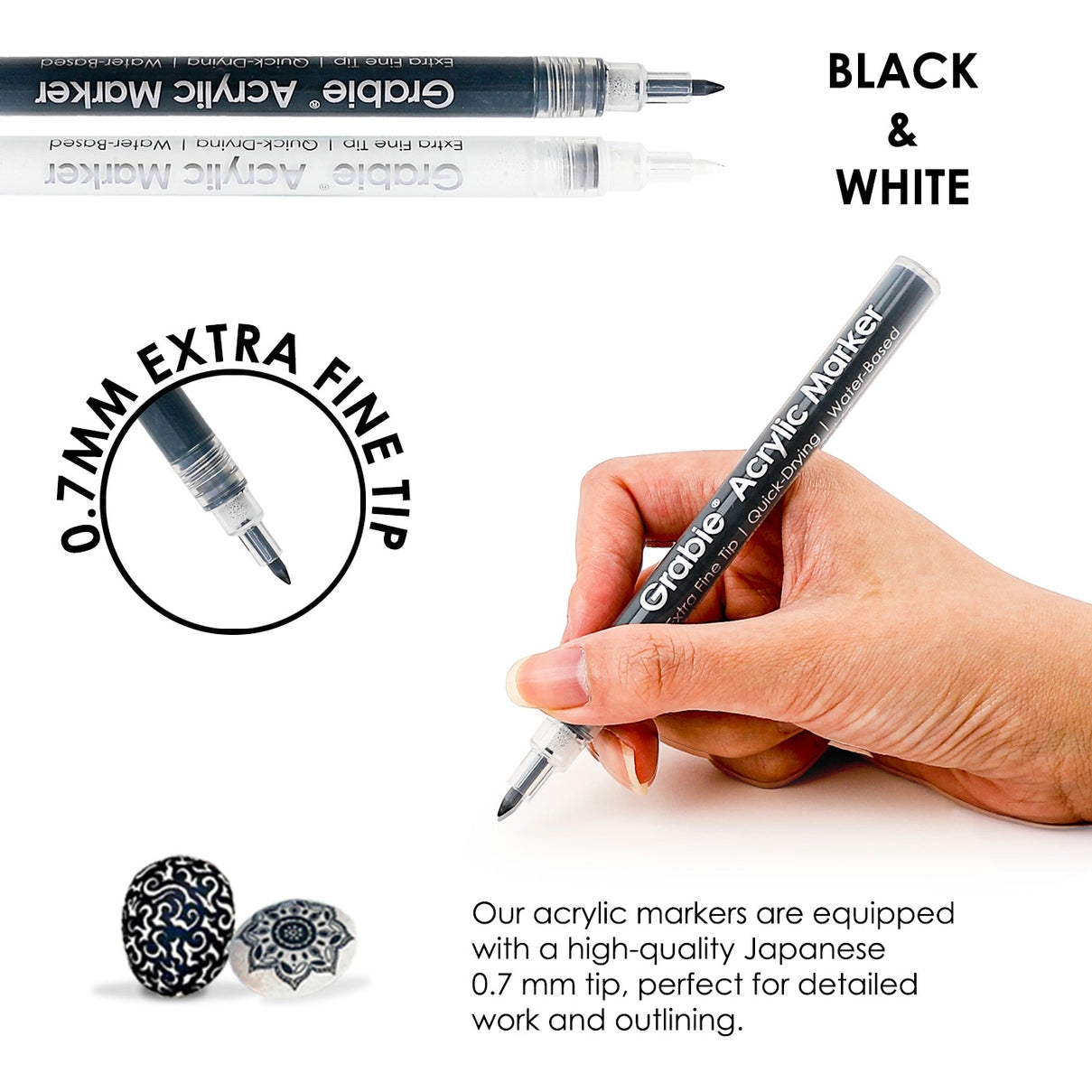 Grabie brand acrylic marker with hand holding it, close-up of tip, and text about 0.7mm tip.