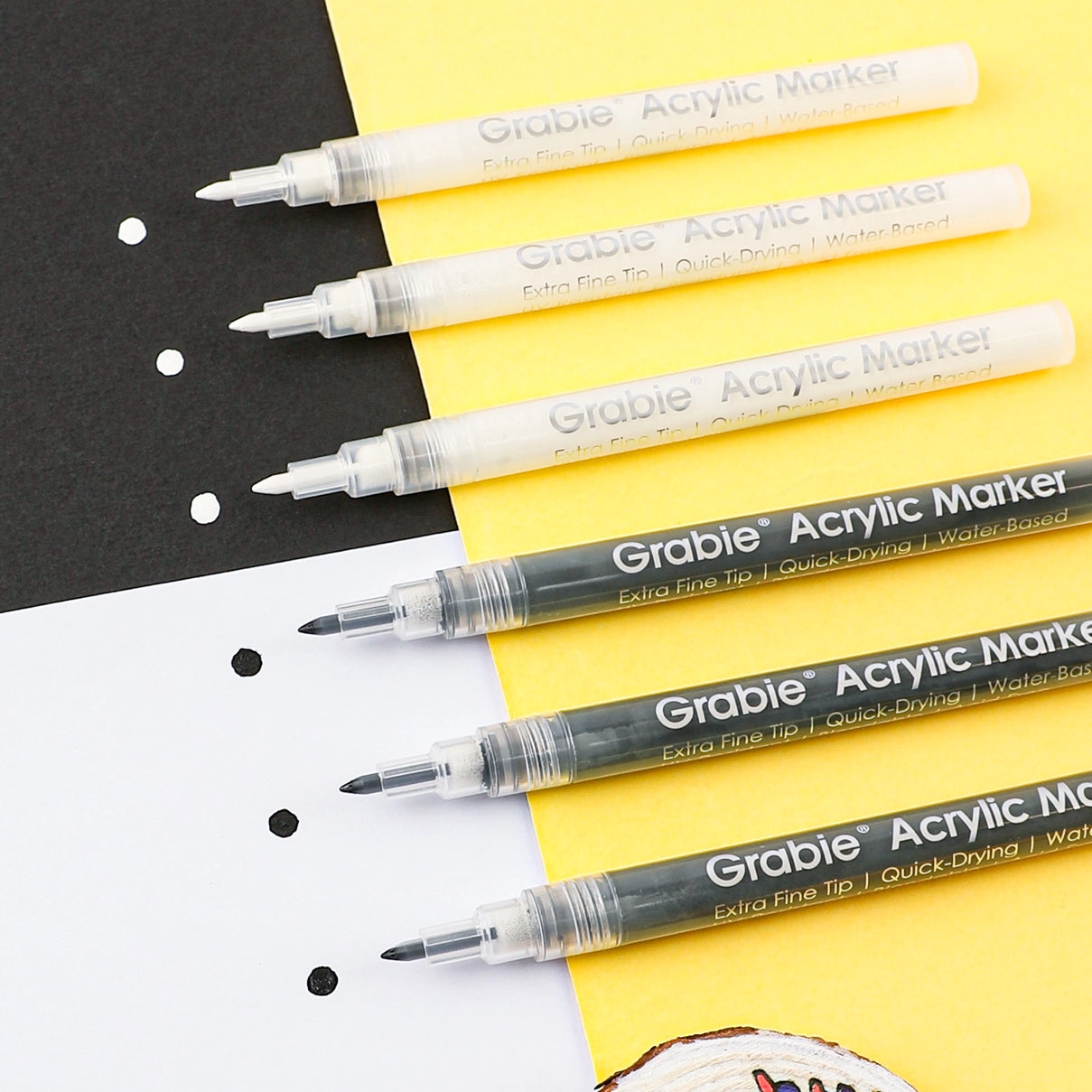 Set of Grable Acrylic Markers on a yellow, white and black background