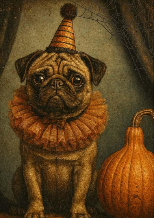 A decoupage paper featuring a pug dog wearing a festive hat and ruff collar with a pumpkin, likely for Halloween.