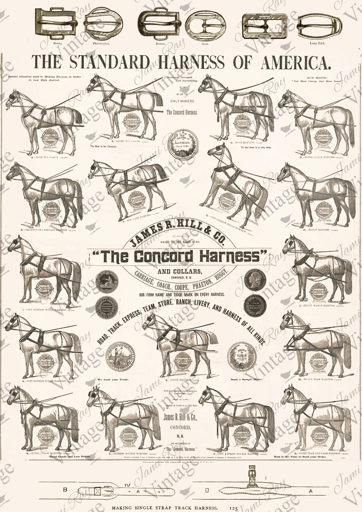 A sheet of Rice Paper for decoupaging featuring vintage horses and a horse harness add called "The Concord Harness - The Standard Harness of America."
