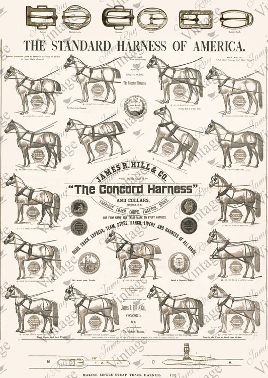A sheet of Rice Paper for decoupaging featuring vintage horses and a horse harness add called "The Concord Harness - The Standard Harness of America."
