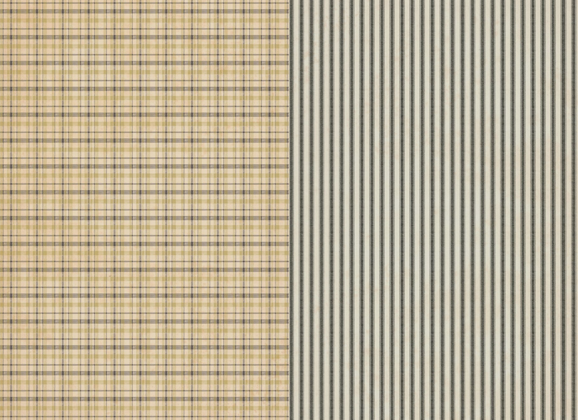 A sheet of decoupage paper with a Christmas pattern, primarily in beige and white, with one half plaid and one half stripes