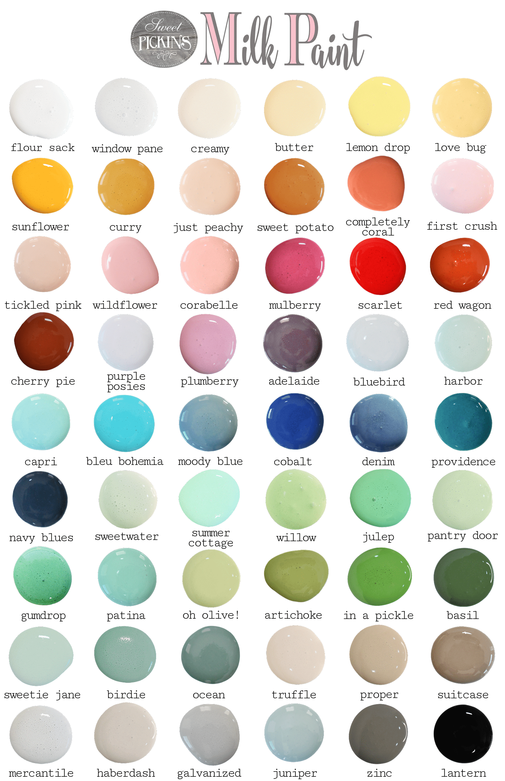 Color swatches of milk paint with names in a row-by-row layout.