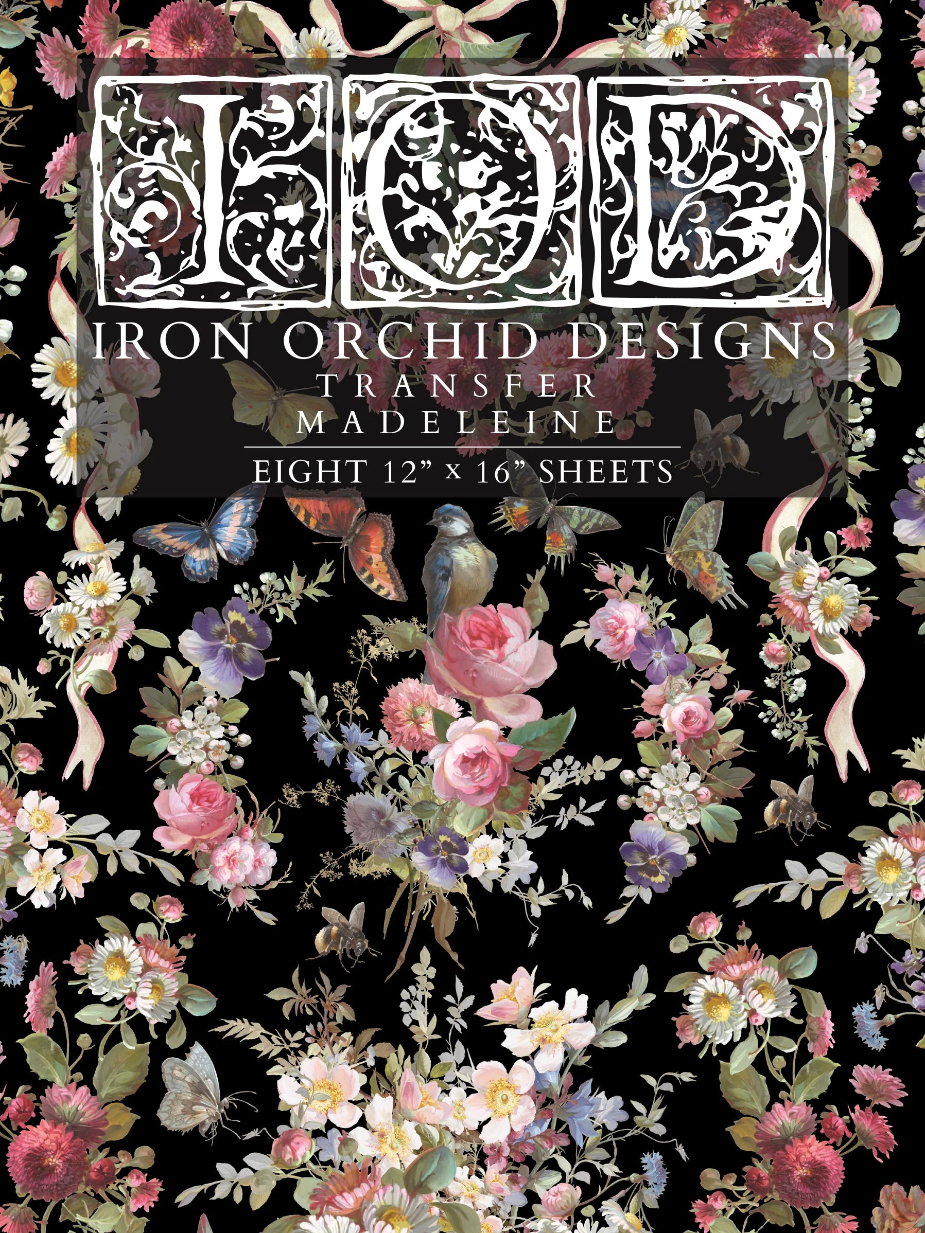 Iron Orchid Designs transfer with floral design on a black background