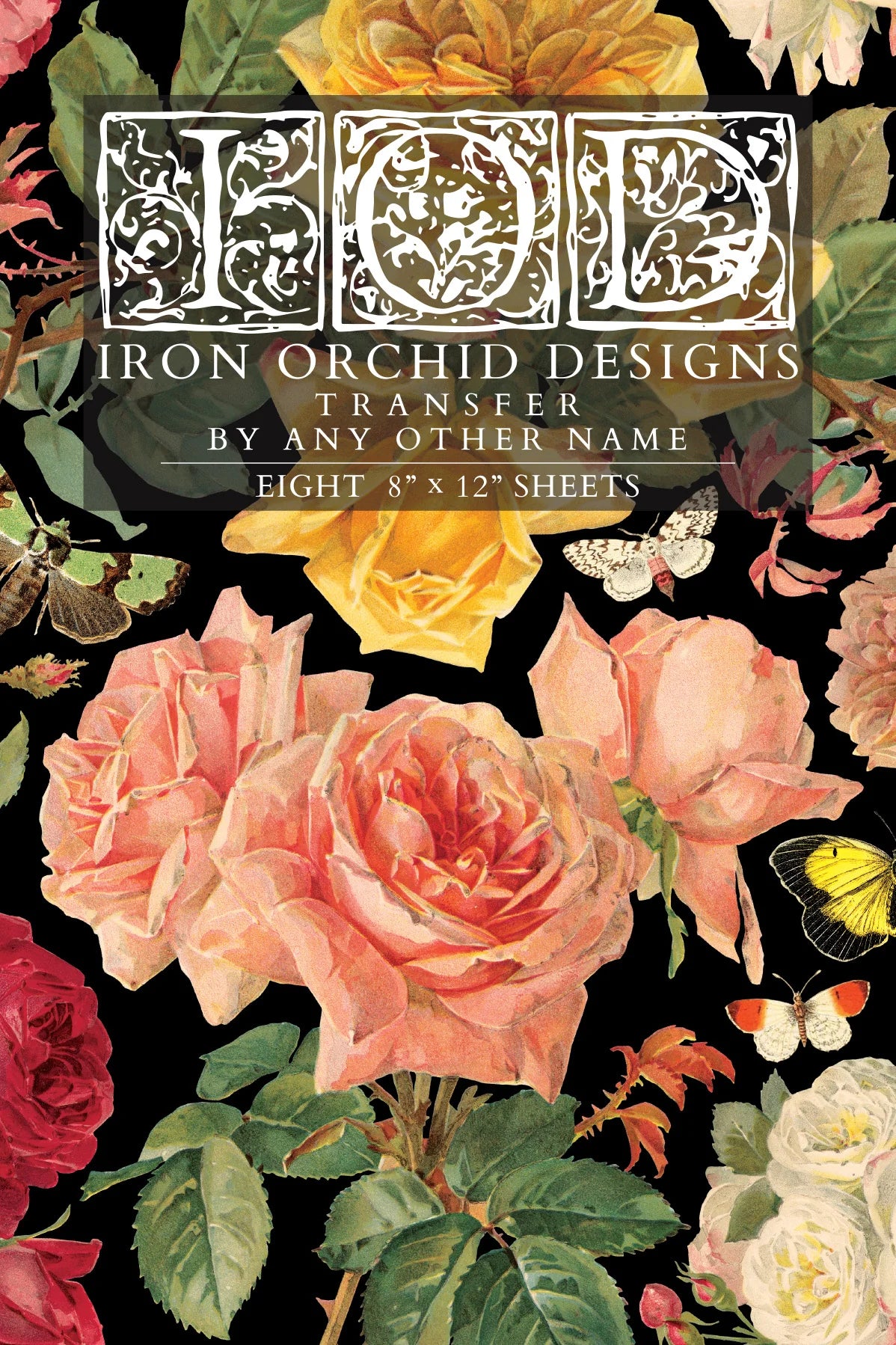 Iron Orchid Designs floral transfer paper packaging with flowers and text on a black background