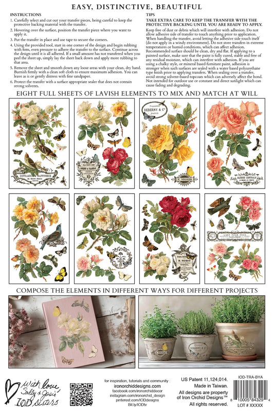Floral transfer sheets with various arrangements and text instructions on a white background.