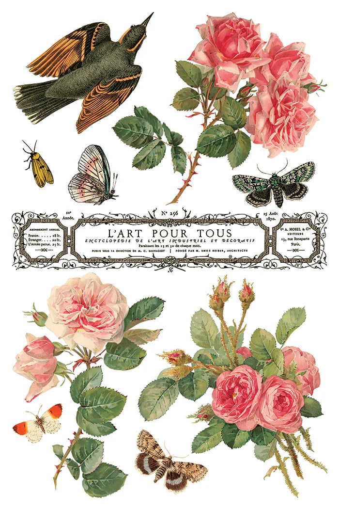 Illustration of flowers, butterflies, and a bird with 'L'Art Pour Tous' text.