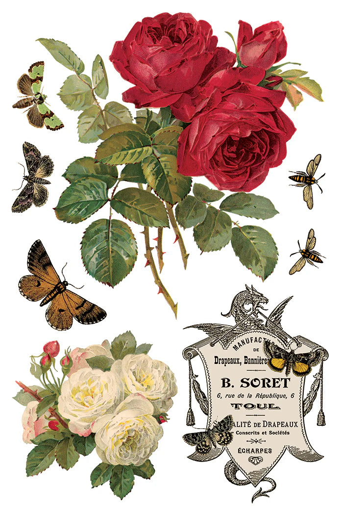 Vintage-style illustration of red roses, green leaves, and butterflies with a decorative label on a white background.
